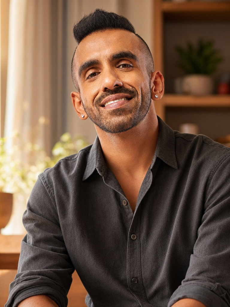 Avi smiling in a warm portrait